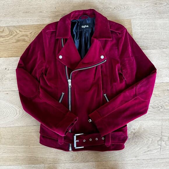 Tigha Belted Biker Moto Style Jacket in Red - Picture 1 of 6